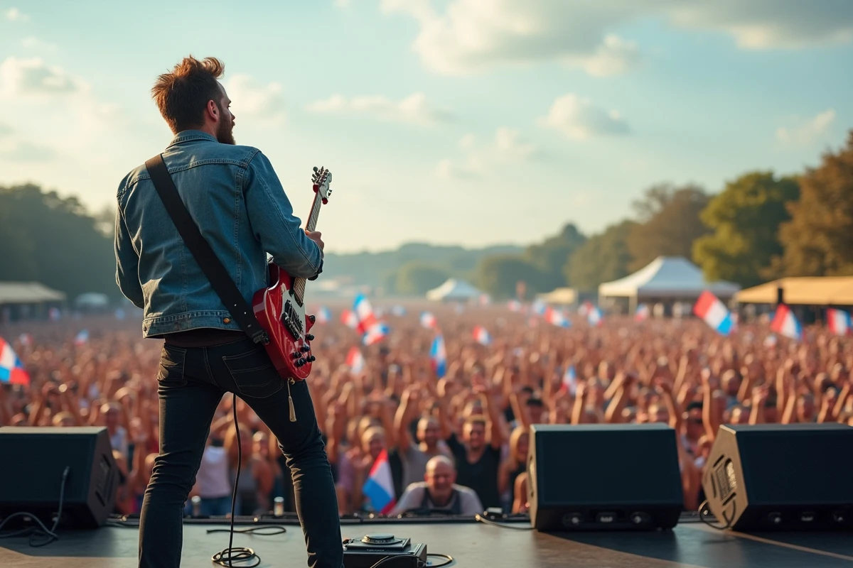 Guitariste sur scène lors d'un concert au festival des Vieilles Charrues 2026 devant un public nombreux à Carhaix