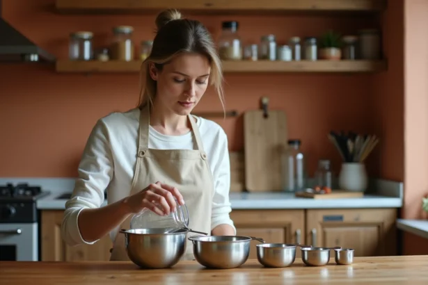Femme versant de l'eau dans des tasses à mesurer en inox pour illustrer les conversions de volume en cuisine