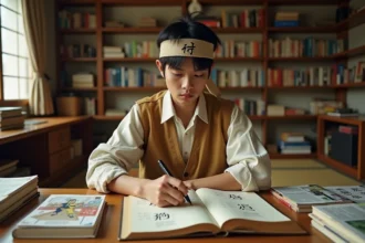 Cosplayeur adulte en tenue de ninja inspirée de Naruto étudiant des symboles kanji manga à son bureau