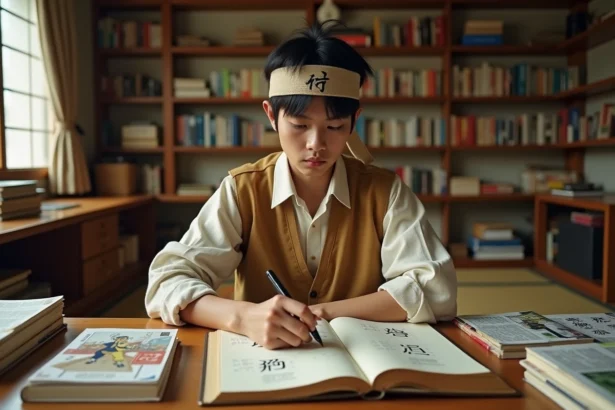 Cosplayeur adulte en tenue de ninja inspirée de Naruto étudiant des symboles kanji manga à son bureau