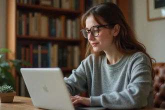 Jeune femme découvrant le blog Geeklifeblog sur son ordinateur portable dans un bureau cosy