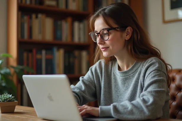 Jeune femme découvrant le blog Geeklifeblog sur son ordinateur portable dans un bureau cosy