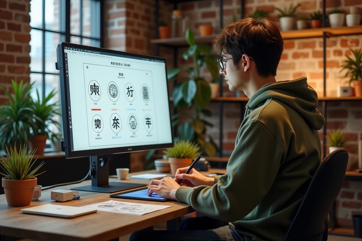 Designer graphique adulte comparant des symboles culturels japonais sur un écran de studio numérique