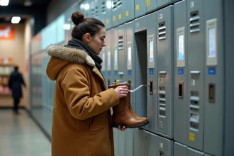 Femme mesurant un casier Vinted Go avec un grand manteau d'hiver et des boots pour vérifier les dimensions d'envoi