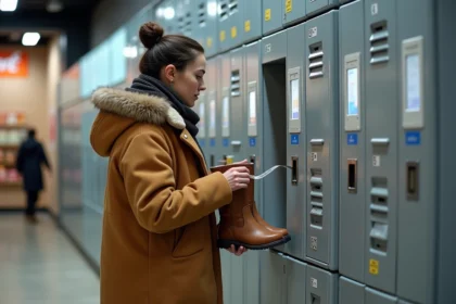 Femme mesurant un casier Vinted Go avec un grand manteau d'hiver et des boots pour vérifier les dimensions d'envoi