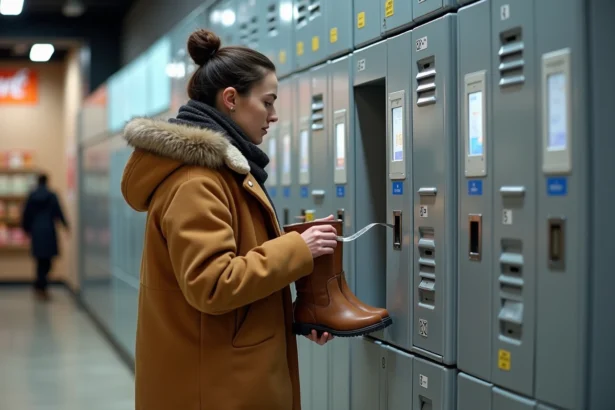 Femme mesurant un casier Vinted Go avec un grand manteau d'hiver et des boots pour vérifier les dimensions d'envoi