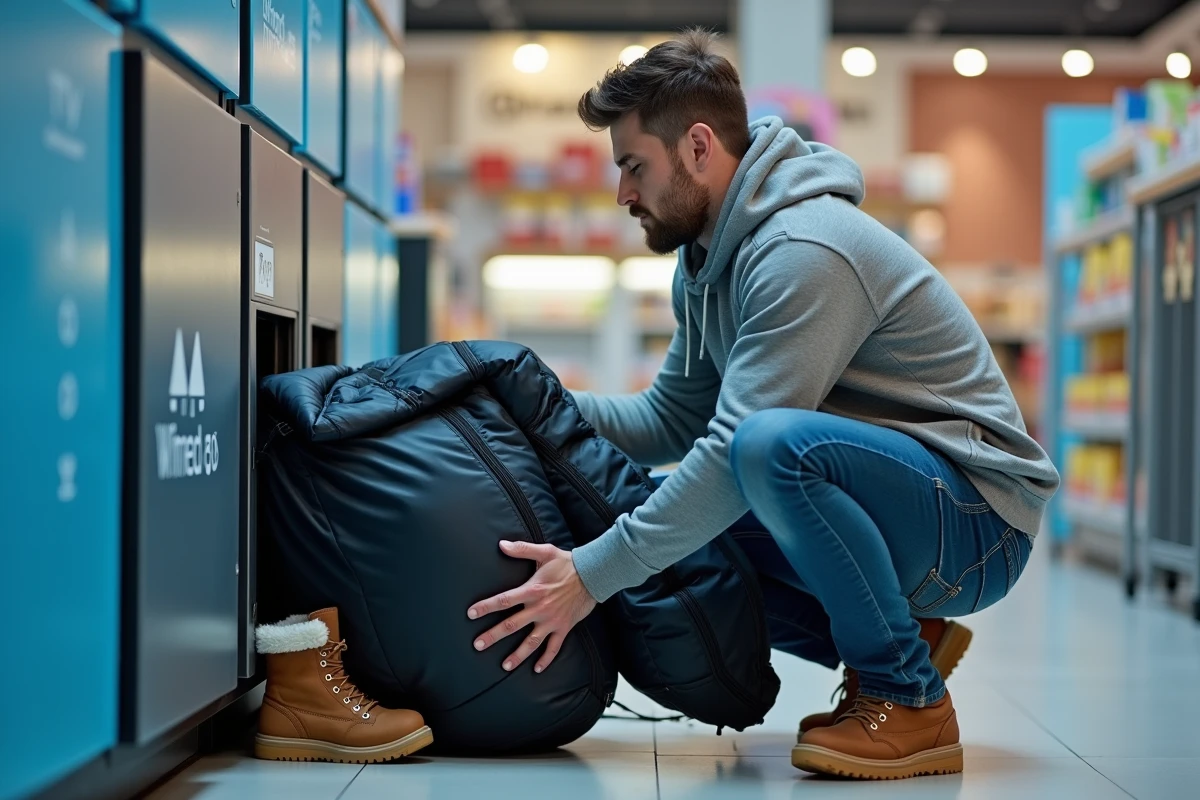 Homme tentant d'insérer un manteau compressé dans un casier Vinted Go pour vérifier si les dimensions sont compatibles