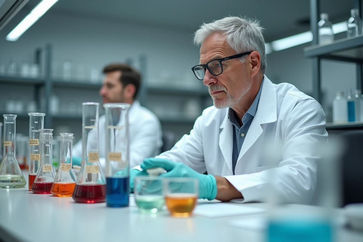 Scientifique en laboratoire comparant des cylindres gradués pour visualiser les équivalences de volume en centilitres