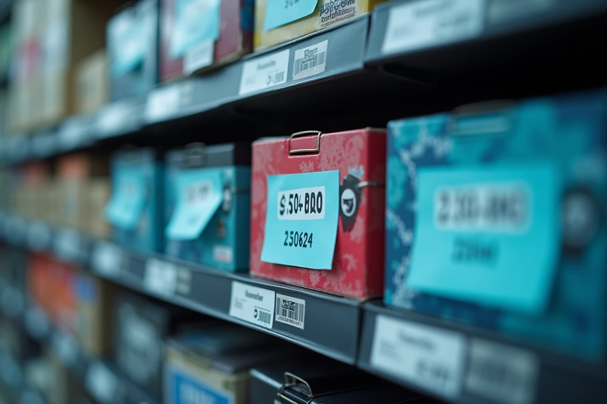 Étiquettes de prix de cartouches d'encre exposées sur un rayon de magasin au Luxembourg
