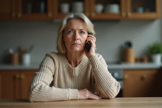 Femme d'âge mûr méfiante recevant un appel téléphonique suspect d'un démarcheur avec indicatif 0424