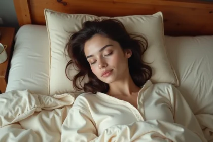Femme endormie paisiblement dans un lit douillet, illustrant le rêve d'ourson et son interprétation rassurante