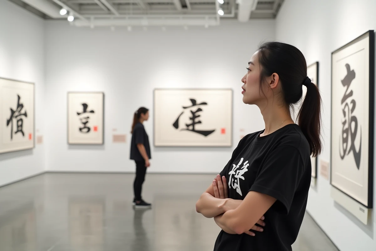 Femme adulte contemplant des œuvres de calligraphie japonaise et symboles ninja dans une galerie d'art contemporain