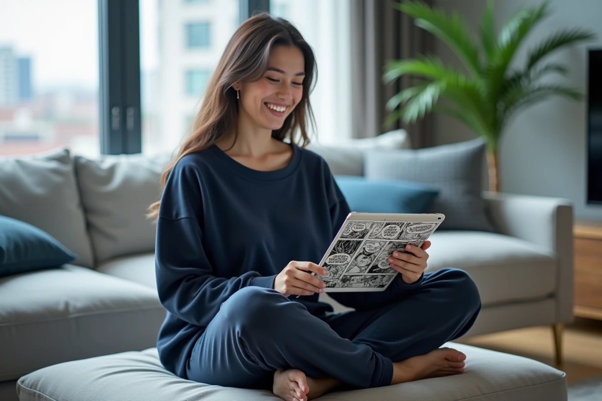 Femme lisant un manga sur tablette numérique dans un salon moderne avec vue urbaine en arrière-plan