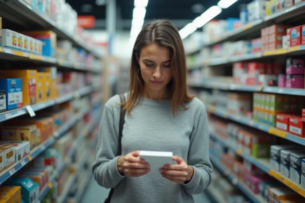 Femme comparant le prix d'une cartouche d'encre dans un magasin au Luxembourg