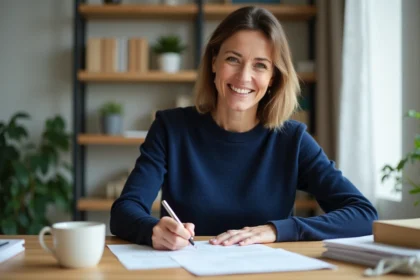 Femme remplissant un formulaire d'inscription à la roue de la fortune à son bureau à domicile