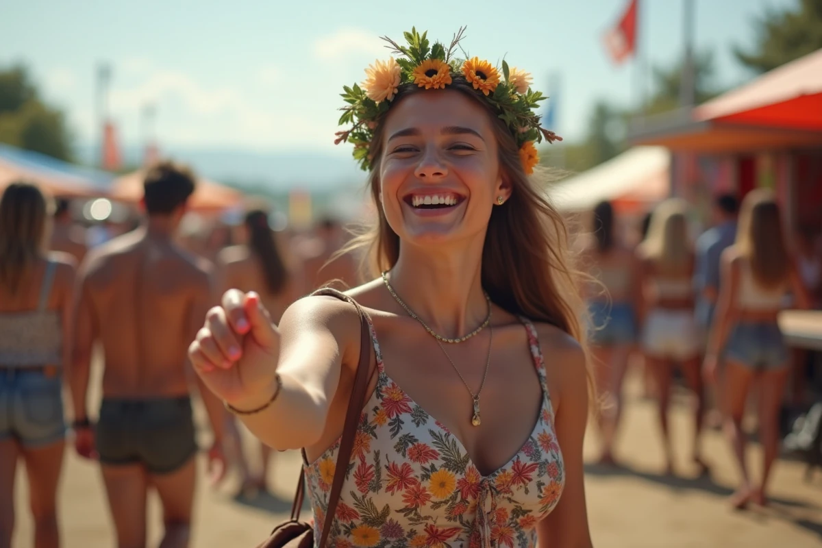 Festivalière souriante portant un bracelet d'entrée au festival des Vieilles Charrues, ambiance conviviale et estivale