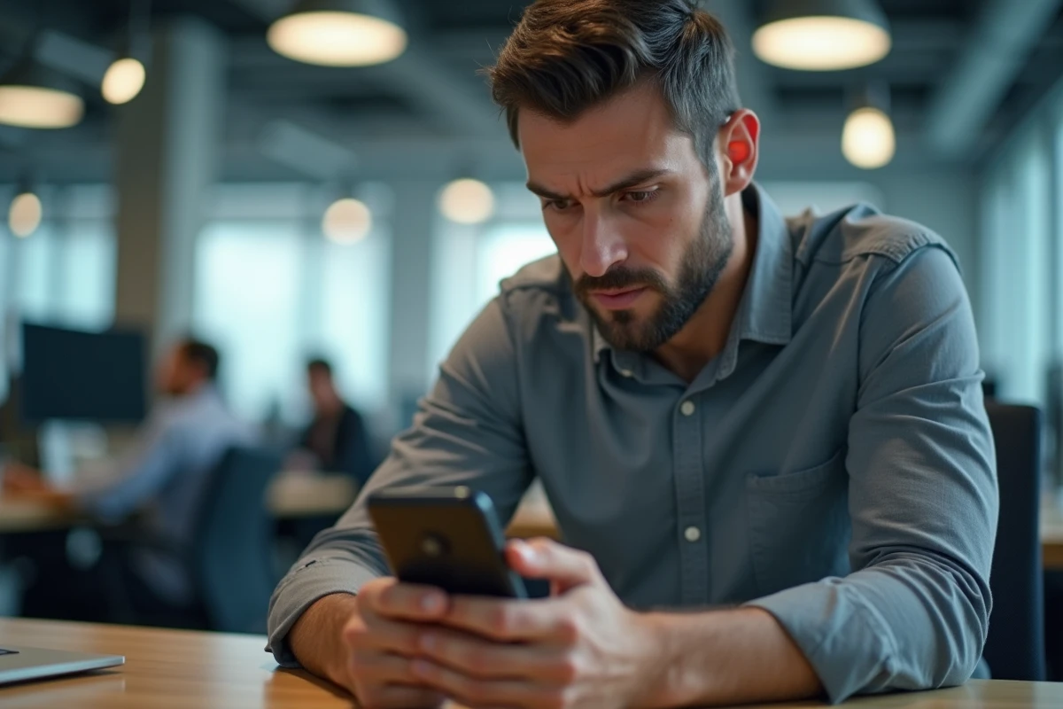 Homme au bureau regardant avec méfiance un appel entrant affichant le numéro 0424 sur son smartphone