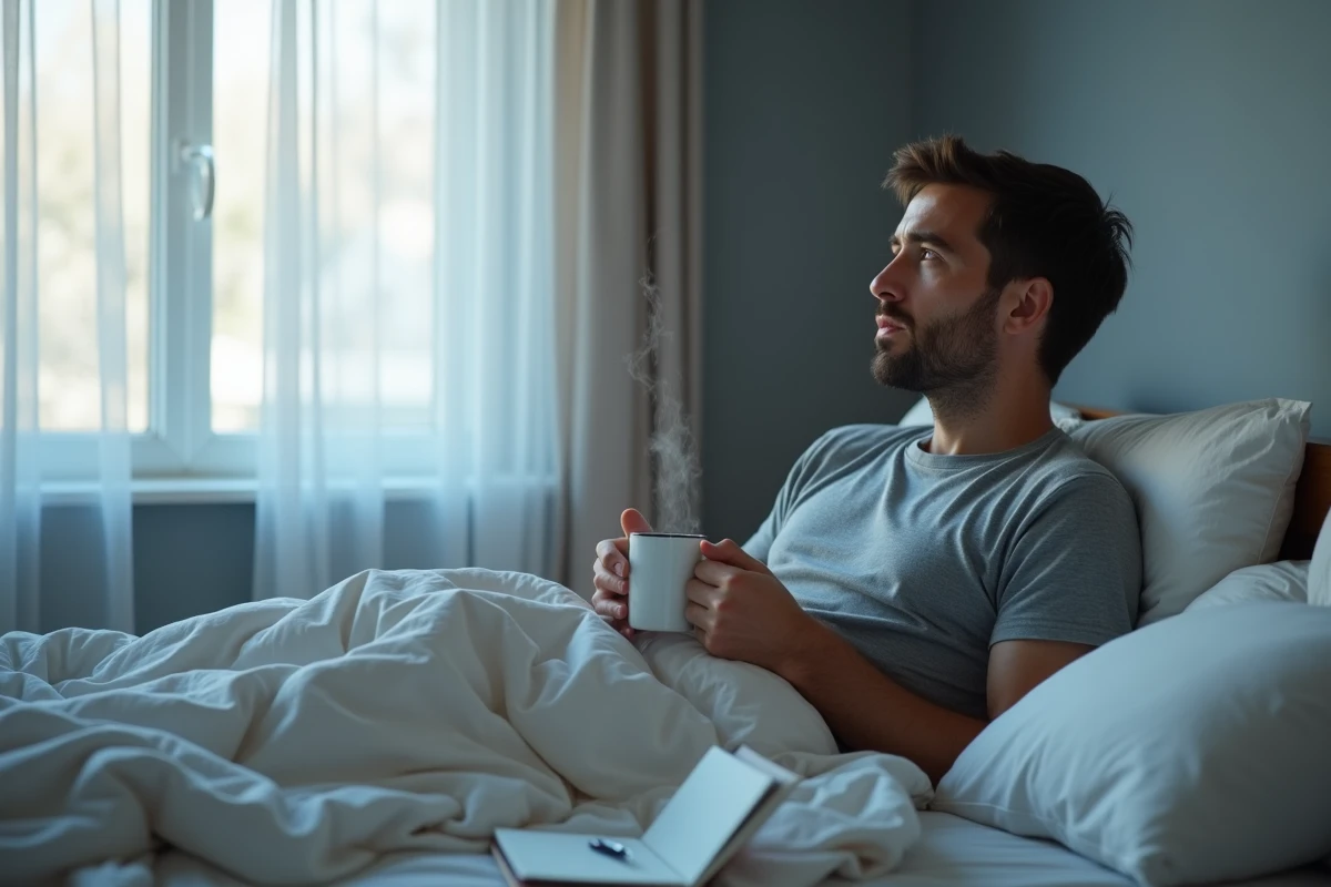 Homme pensif assis dans son lit le matin avec un café, tentant de se souvenir d'un rêve d'ourson troublant ou apaisant