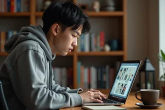 Jeune homme lisant un manga en ligne sur ordinateur portable dans un bureau à domicile entouré de volumes manga