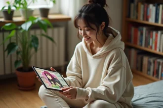 Jeune femme lisant du manga gratuit sur tablette dans un appartement entouré de livres manga
