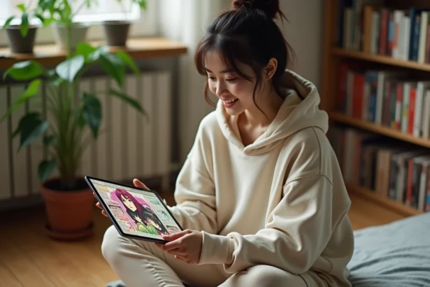 Jeune femme lisant du manga gratuit sur tablette dans un appartement entouré de livres manga