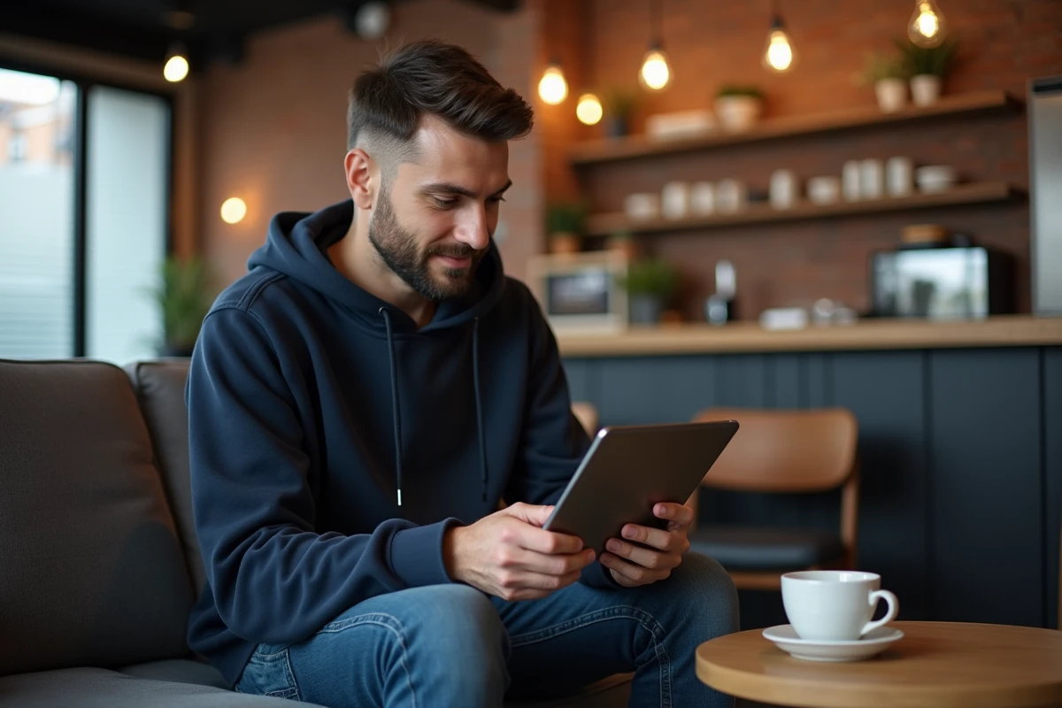 Homme parcourant le contenu d'un blog geek sur une tablette dans un café urbain