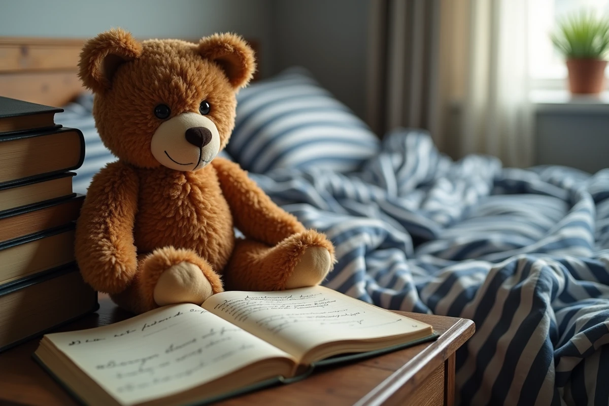 Ourson en peluche vintage posé près d'un journal de rêves ouvert sur une table de nuit, symbolisant l'analyse des rêves nocturnes