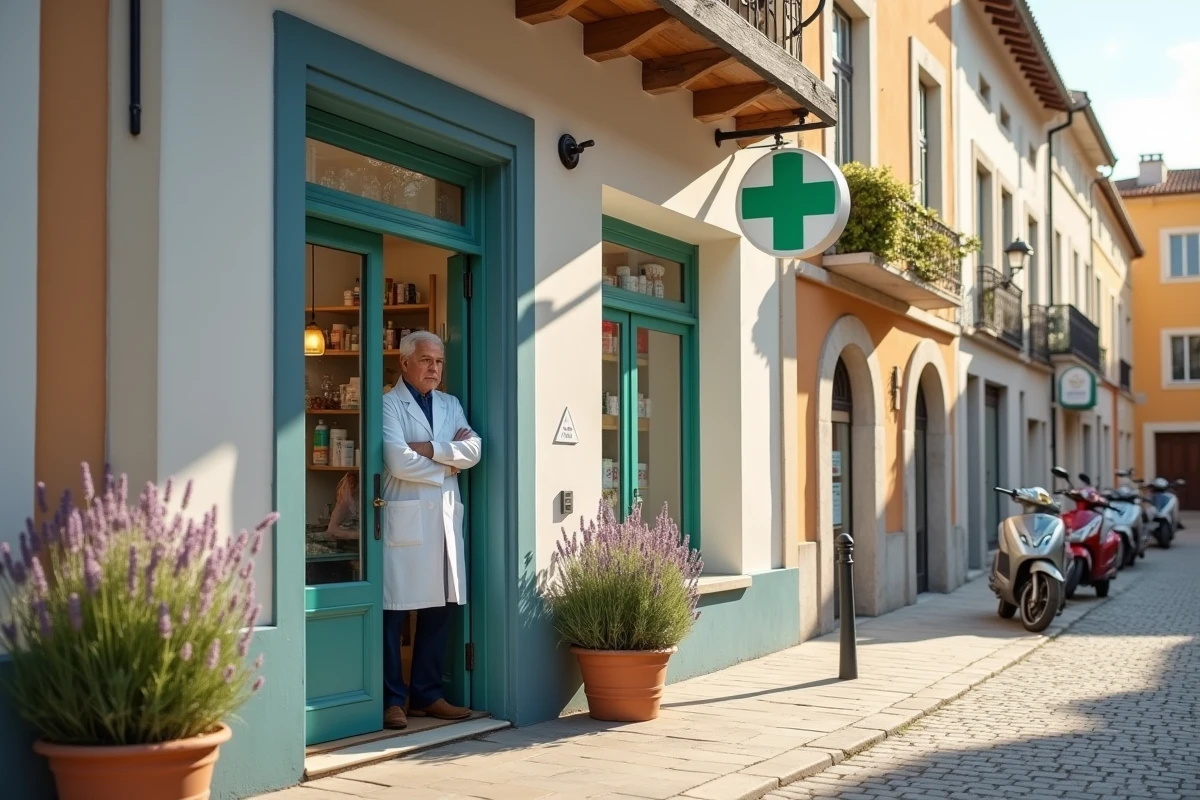 Pharmacie indépendante à Toulon avec pharmacien en devanture, interrogeant l'avenir de son officine face aux groupements