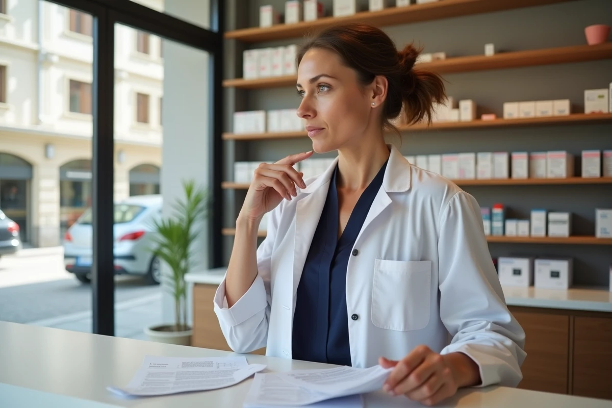 Pharmacienne indépendante à Toulon examinant des documents sur le comptoir de sa pharmacie, réfléchissant à rejoindre un groupement