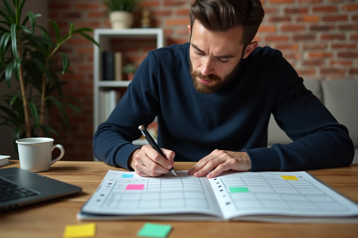 Homme en télétravail annotant un planning hebdomadaire avec code couleur semaine paire impaire sur un bureau à domicile