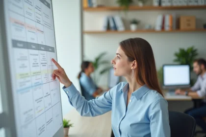 Femme en entreprise consultant un planning mural avec repères semaines paires et impaires pour organiser son travail en 2026