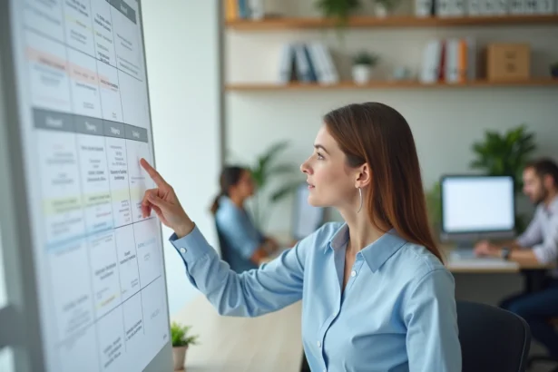 Femme en entreprise consultant un planning mural avec repères semaines paires et impaires pour organiser son travail en 2026