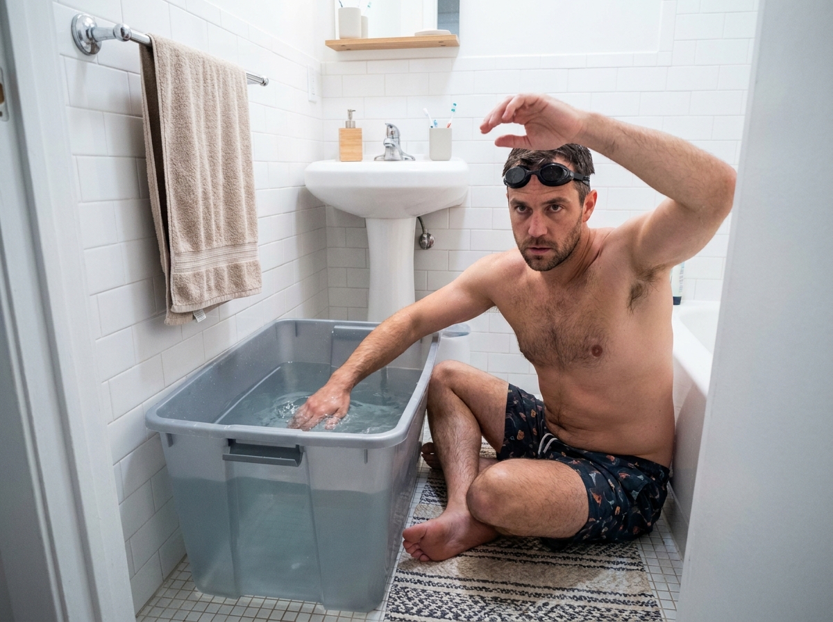 Homme pratiquant des mouvements de natation dans sa salle de bain sans baignoire avec un bac d'eau, petit appartement urbain