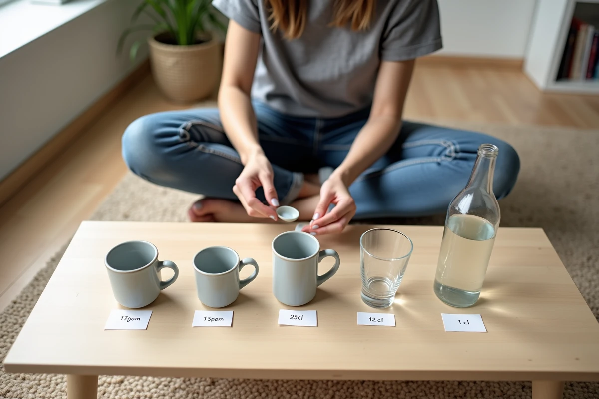 Jeune femme organisant des repères visuels du quotidien pour mémoriser les conversions de volume en centilitres