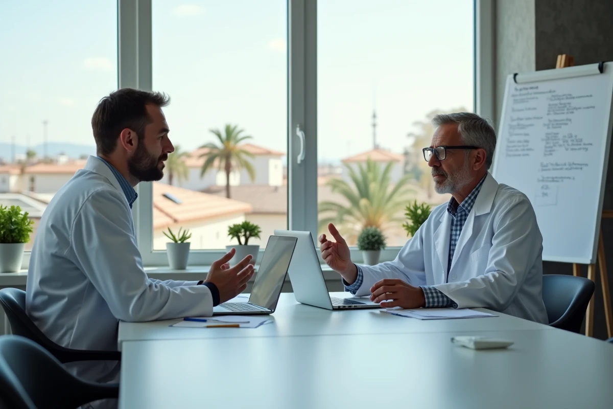 Deux pharmaciens en réunion discutant des avantages de rejoindre un groupement de pharmacies à Toulon