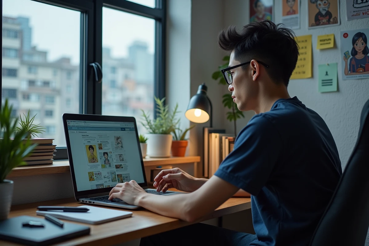 Homme lisant un scan manga gratuit sur ordinateur portable dans un bureau à domicile