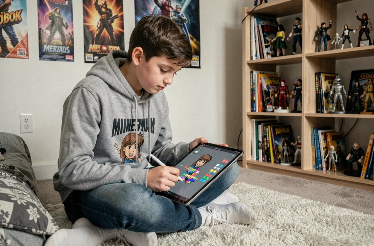 Adolescent dessinant du pixel art sur tablette graphique assis dans sa chambre