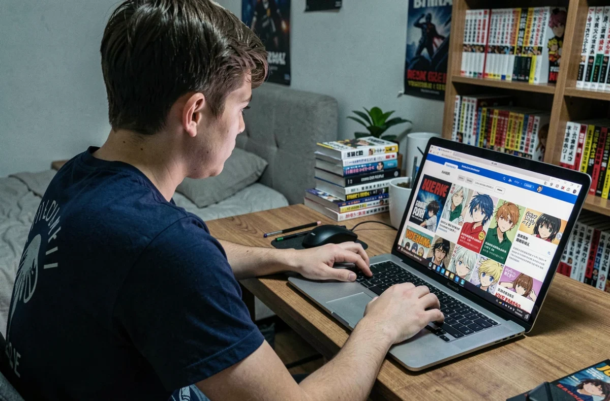 Adolescent face à des publicités envahissantes sur un site de lecture de manga en ligne sur ordinateur portable