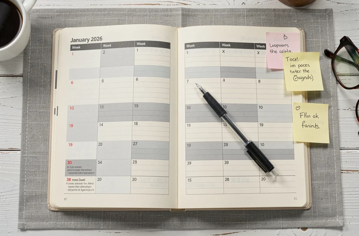 Vue de dessus d'un agenda papier ouvert sur janvier 2026 avec les numéros de semaines paires et impaires en alternance, stylo et notes autocollantes posés dessus