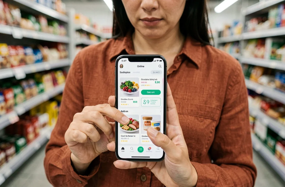 Femme utilisant une application de courses en ligne sur smartphone en magasin, hésitant face aux suggestions d'articles supplémentaires qui font monter l'addition