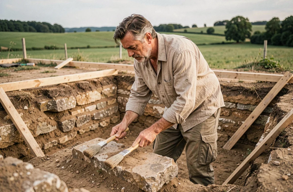 Archéologue excavant des vestiges gaulois sur le site présumé d'Alésia en Bourgogne