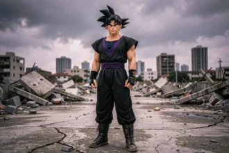 Cosplayer déguisé en Black Goku dans un décor post-apocalyptique de ville détruite, costume noir et violet avec debris au sol