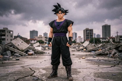 Cosplayer déguisé en Black Goku dans un décor post-apocalyptique de ville détruite, costume noir et violet avec debris au sol