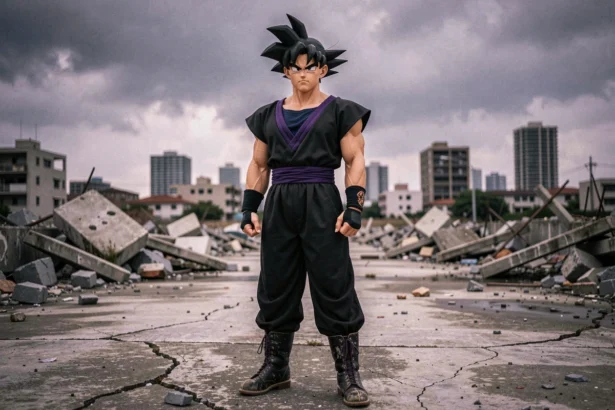 Cosplayer déguisé en Black Goku dans un décor post-apocalyptique de ville détruite, costume noir et violet avec debris au sol