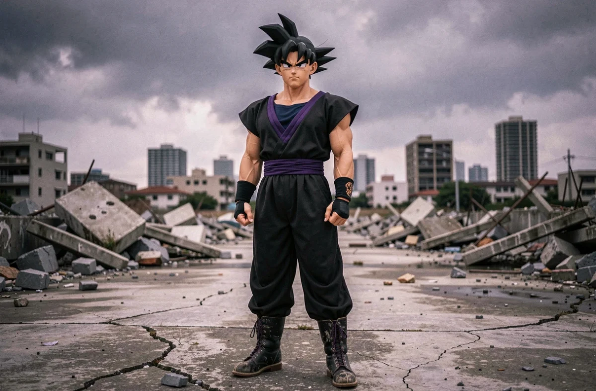 Cosplayer déguisé en Black Goku dans un décor post-apocalyptique de ville détruite, costume noir et violet avec debris au sol