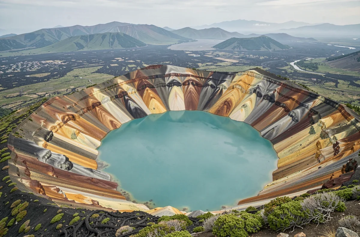 Lac de cratère turquoise dans une caldeira volcanique japonaise vue depuis le bord du cratère