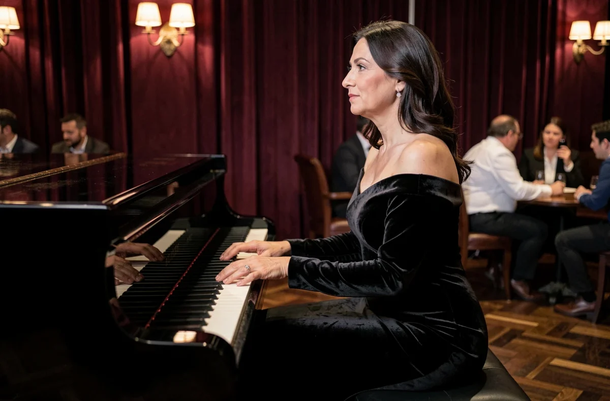 Chanteuse italienne assise au piano dans un lounge jazz élégant avec rideaux bordeaux