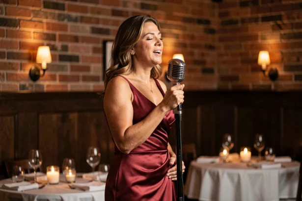 Chanteuse italienne en robe rouge sur scène dans un restaurant romantique aux murs en briques