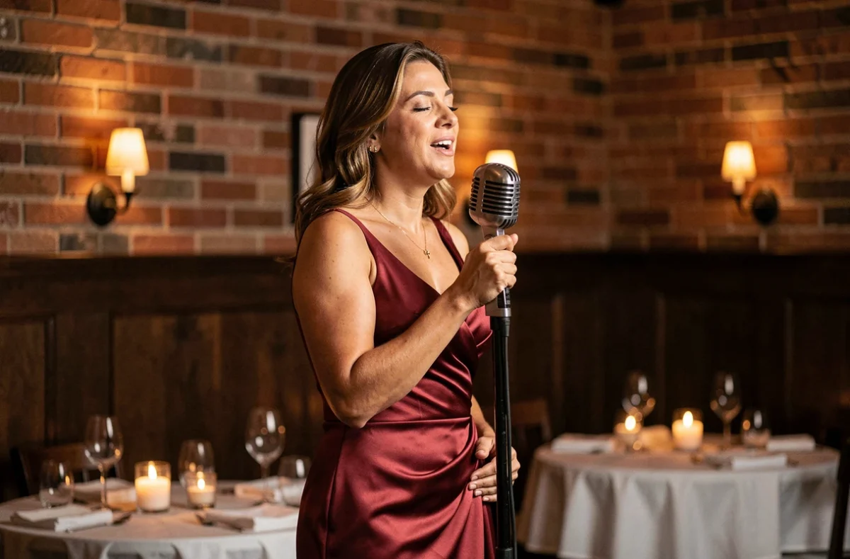 Chanteuse italienne en robe rouge sur scène dans un restaurant romantique aux murs en briques
