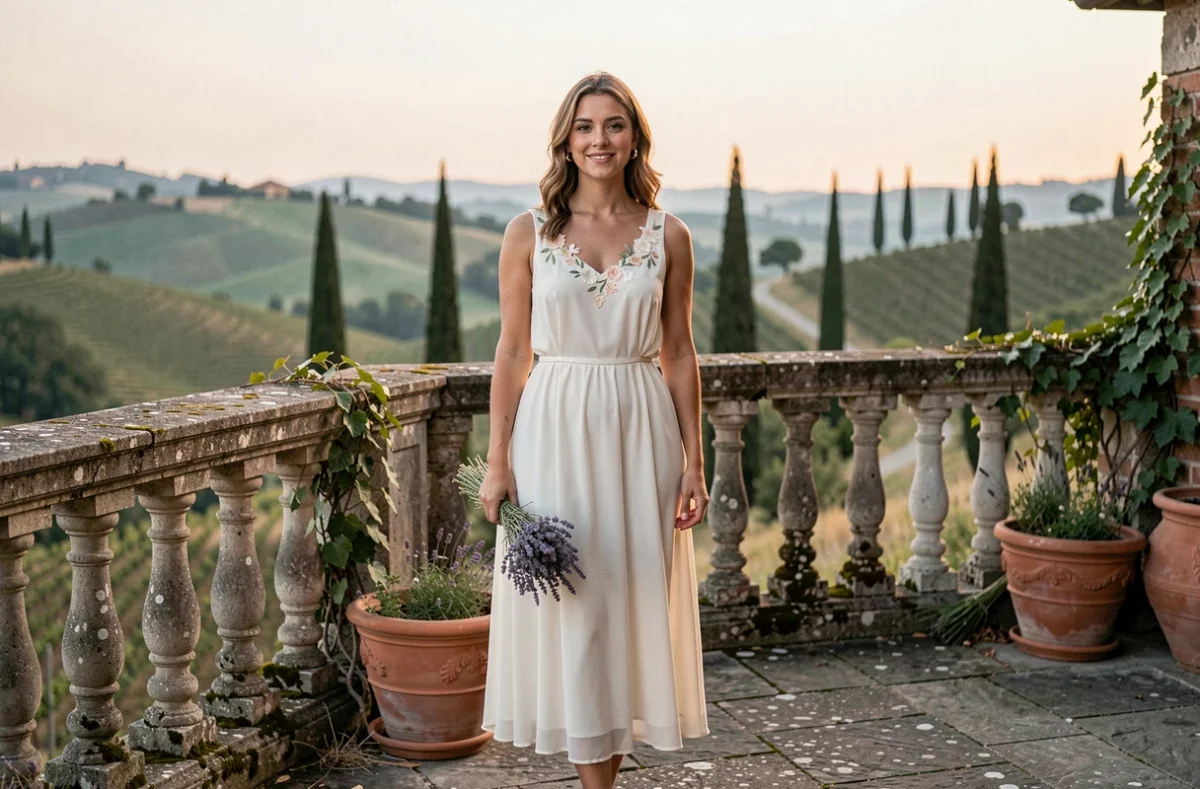 Chanteuse italienne en robe ivoire sur une terrasse toscane au coucher du soleil avec vignes en arrière-plan